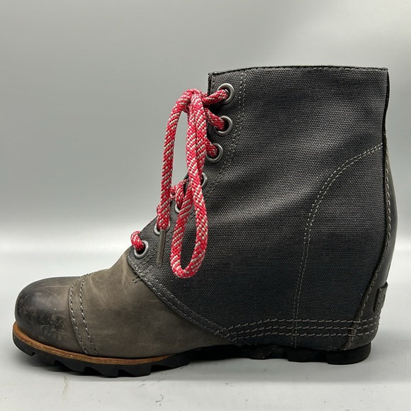 SOREL PDX GRAY LEATHER CANVAS LUG SOLE HIDDEN WEDGE HEEL LACE UP BOOT SIZE 8.5 - Picture 8 of 10
